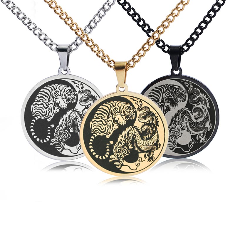 Buddha Stones Tiger Dragon Titanium Steel Chain Necklace Harmony Pendant Necklaces & Pendants BS main
