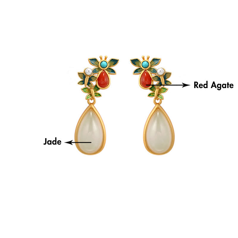 Buddha Stones Water Drop White Jade Red Agate Butterfly Protection Drop Dangle Earrings Earrings BS 13