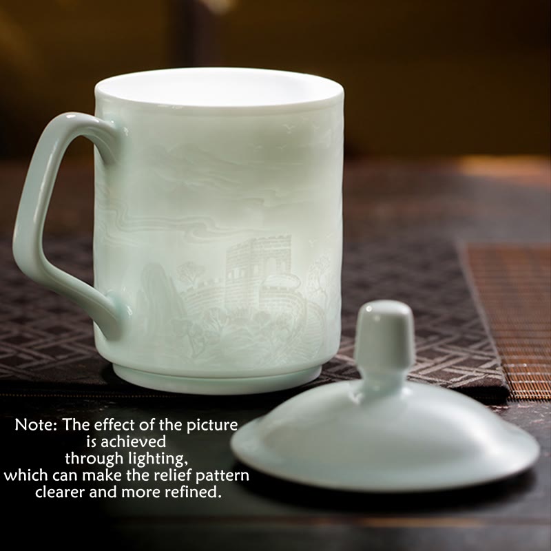 Buddha Stones Jingdezhen White Porcelain Handmade Great Wall Landscape Engraved Ceramic Teacup Office Mug Tea Cups Cup BS 4