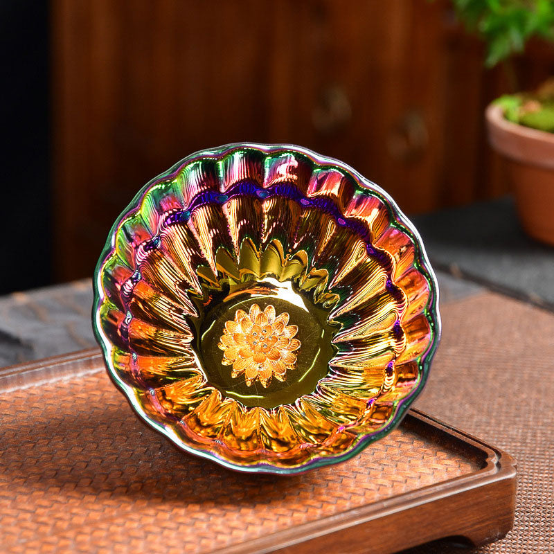 Buddha Stones Lotus Peacock Gold Inlaid Multicolored Chinese Jianzhan Ceramic Teacup Kung Fu Tea Cup Jian Zhan Tea Cup BS Lotus 9.2cm*5cm*120ml
