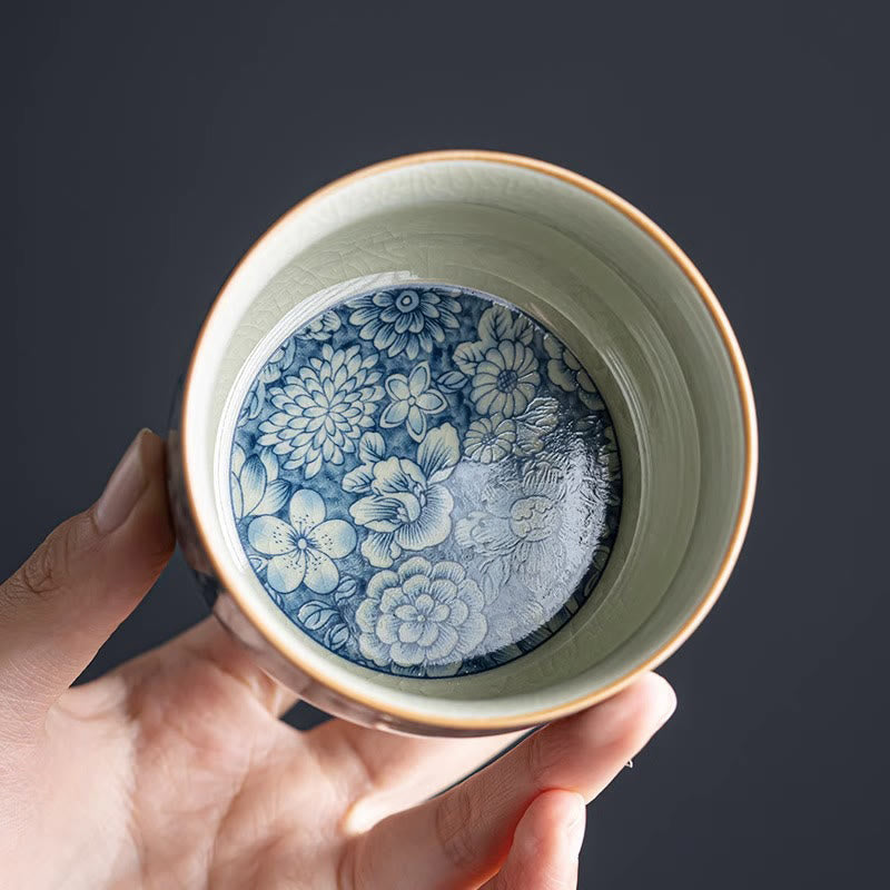 Buddha Stones Blue Lotus Peach Blossom Chrysanthemum Design Ceramic Teacup Kung Fu Tea Cups Cup BS 10