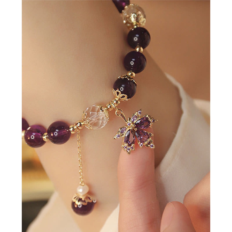 Buddha Stones 14k Gold Plated Natural Amethyst Healing Maple Leaf Charm Bracelet Bracelet BS 9