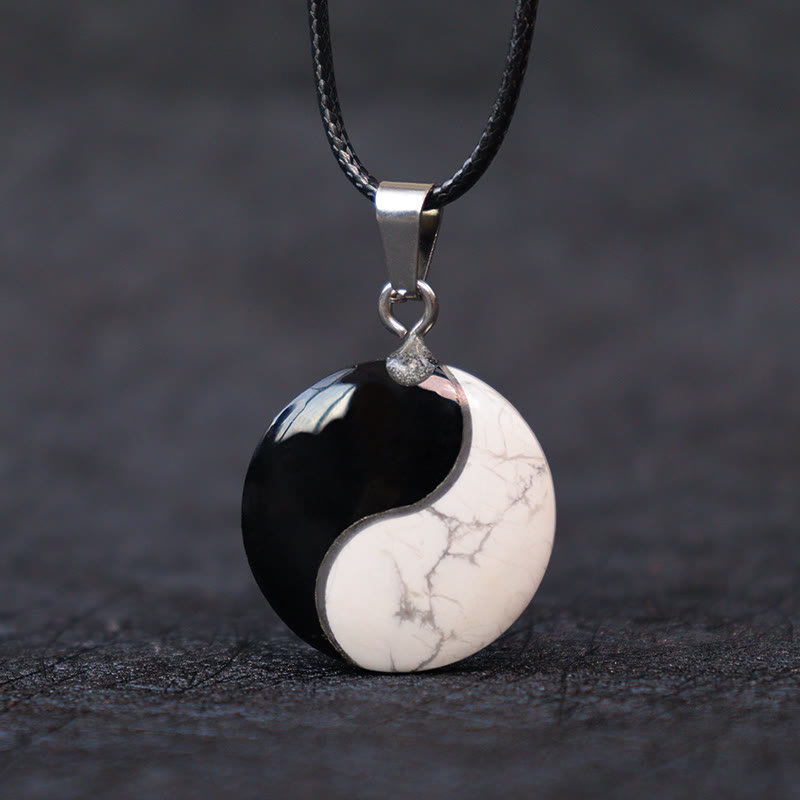 Buddha Stones Natural Black Obsidian White Turquoise Yin Yang Transformation Rope Necklace Pendant 1