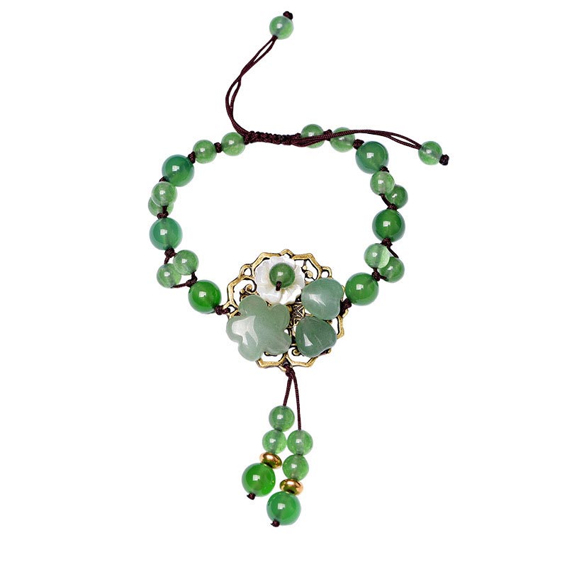 Buddha Stones Natural Green Jade Luck Dangling Flower Bracelet Bracelet BS 18
