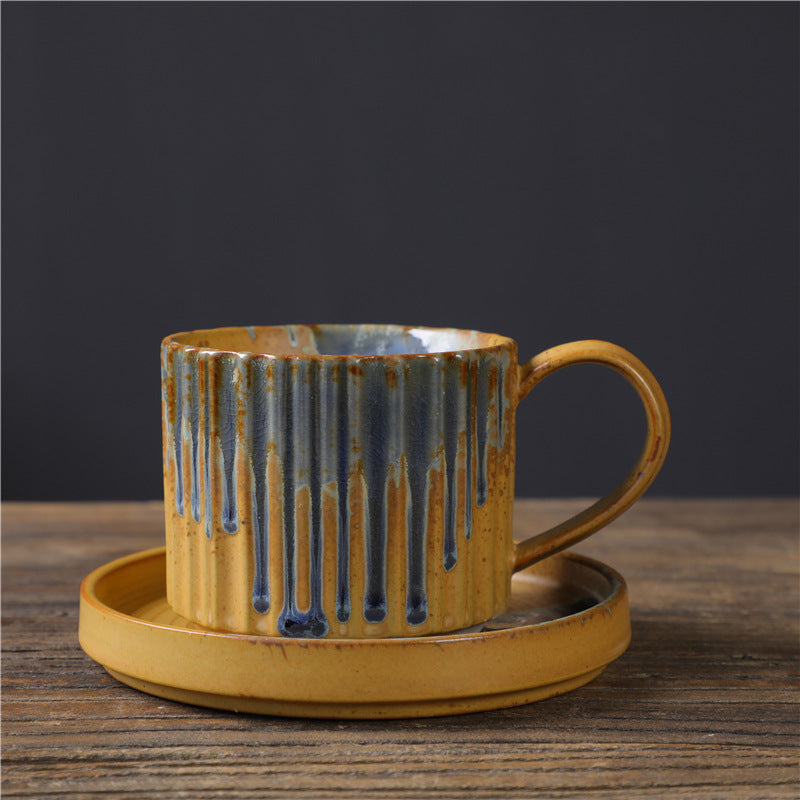 Buddha Stones Retro Striped Kiln Change Ceramic Coffee Mug Rough Pottery Tea Coffee Cup With Saucer 250ml Coffee Mug BS Yellow Blue 12cm*8.5cm*7cm*250ml