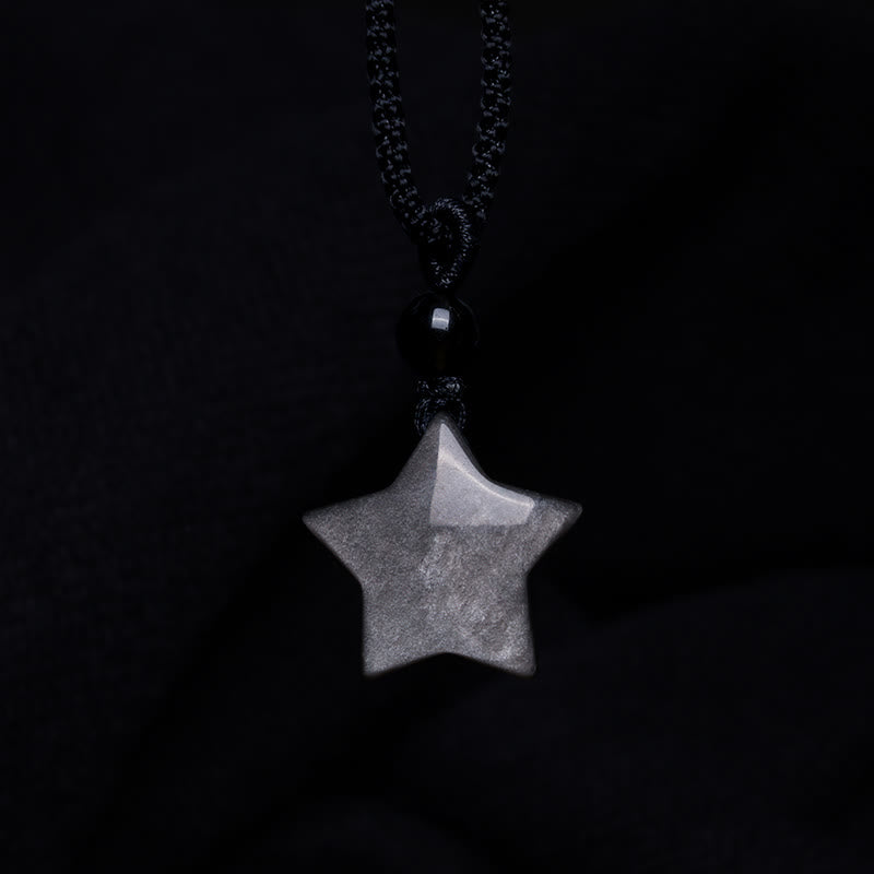 Buddha Stones Natural Silver Sheen Obsidian Star Crescent Moon Protection Necklace Pendant Necklaces & Pendants BS 3