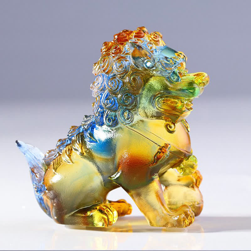 Buddha Stones Handmade Liuli Crystal Lion Art Piece Strength Home Office Decoration Decorations BS 4