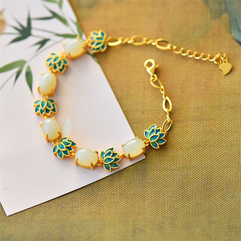 Buddha Stones White Jade Cyan Jade Lotus Protection Bracelet Bracelet BS 3