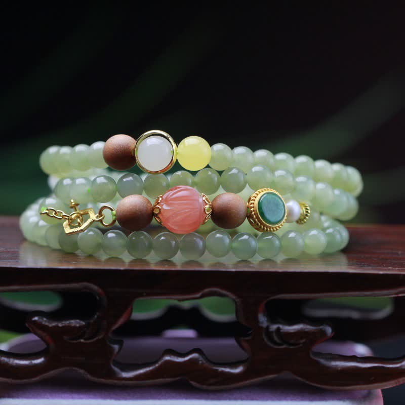 Buddha Stones Natural Hetian Jade Amber Lotus Red Agate Luck Abundance Bracelet Bracelet BS Hetian Jade ( Protection ♥ Happiness)