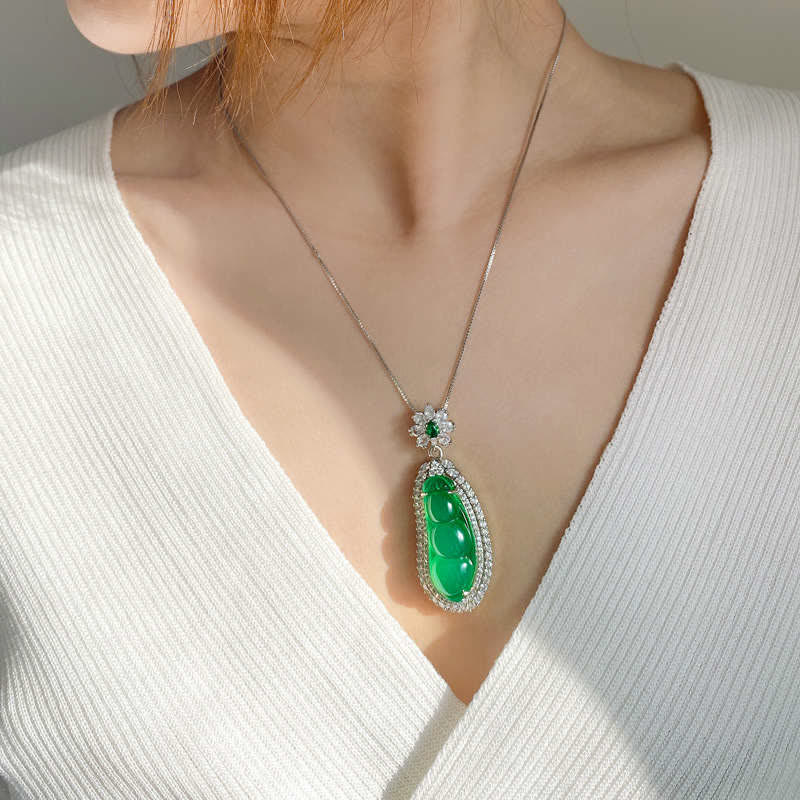 Buddha Stones Fortune Bean Cyan Jade Luck Necklace Pendant Necklaces & Pendants BS 1