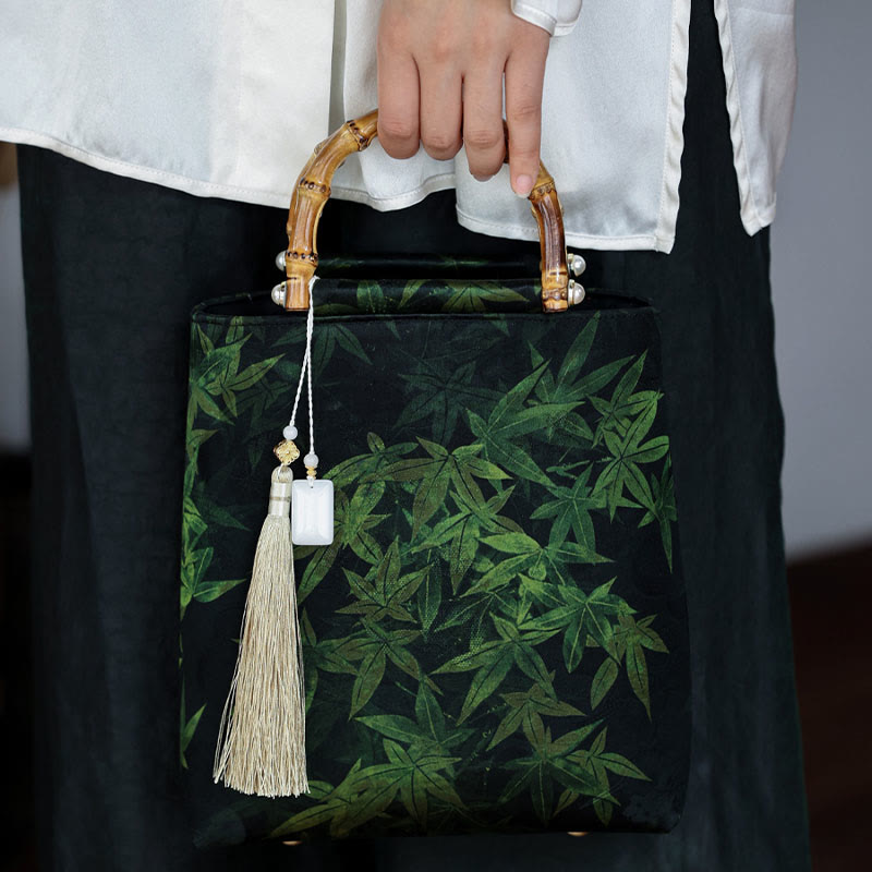 Buddha Stones Bamboo Leaves Butterfly Koi Fish Bamboo Handles Handbag Handbags BS 2
