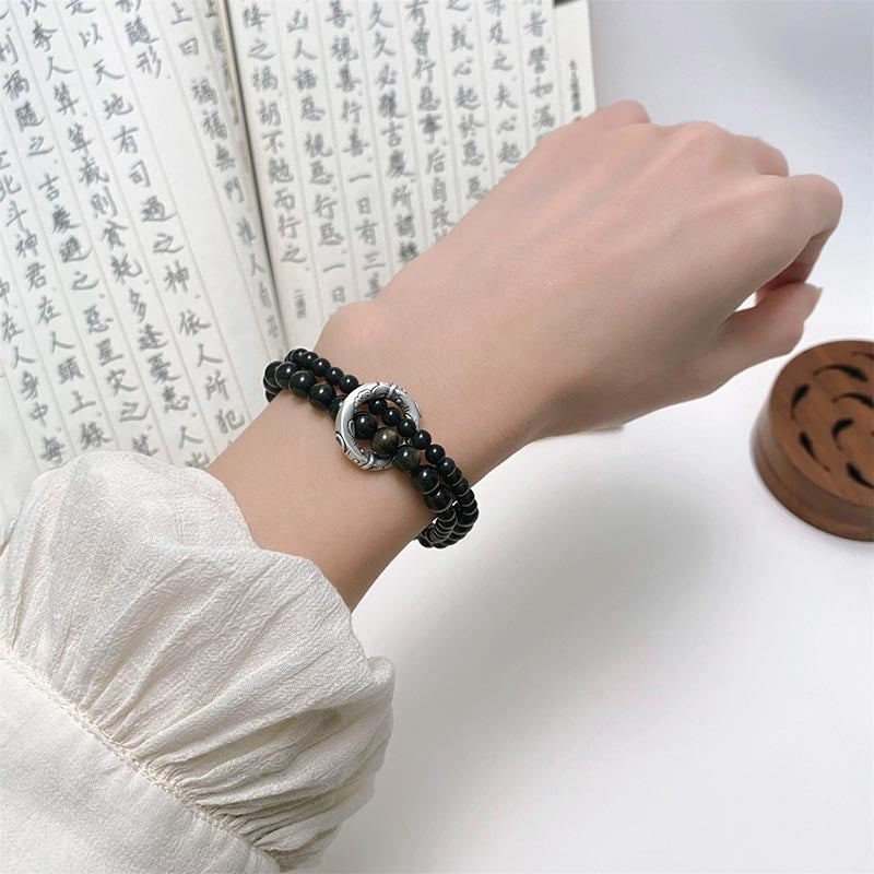 Buddha Stones 999 Sterling Silver Black Obsidian Fulfillment Strength Double Layer Bracelet Bracelet BS 5
