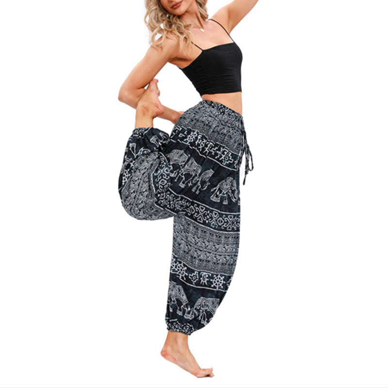 Buddha Stones Elephant Geometry Pattern Casual Loose Harem Trousers Women's Yoga Pants Women's Harem Pants BS 9