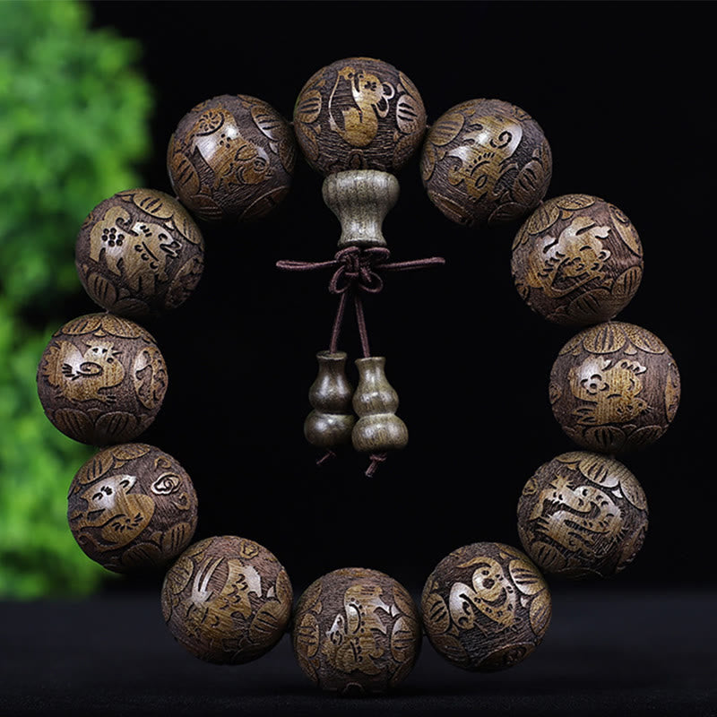 Foviel Chinese Zodiac Rosewood Ebony Copper Coin PiXiu Carved Warmth Bracelet