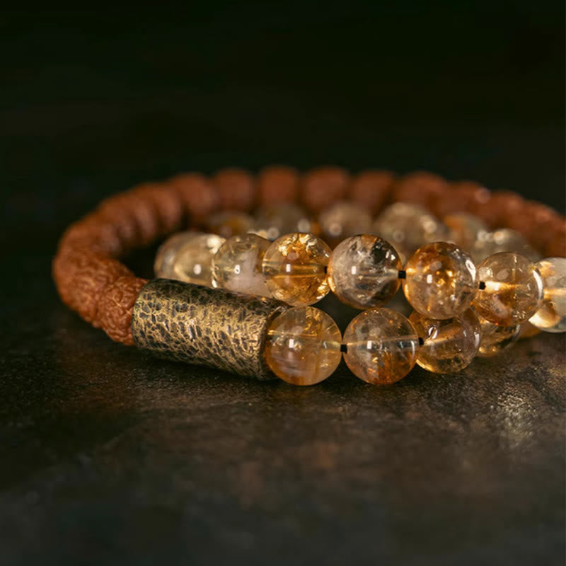 Buddha Stones Natural Citrine Crystal Rudraksha Bodhi Seed Brass Bead Prosperity Double Wrap Bracelet Bracelet BS 7