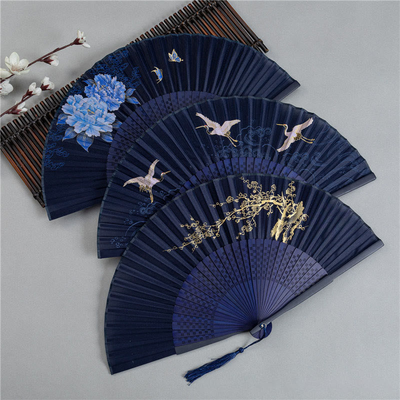 Buddha Stones Crane Dragonfly Lotus Peony Plum Blossom Butterfly Handheld Silk Bamboo Folding Fan 22.5cm 2