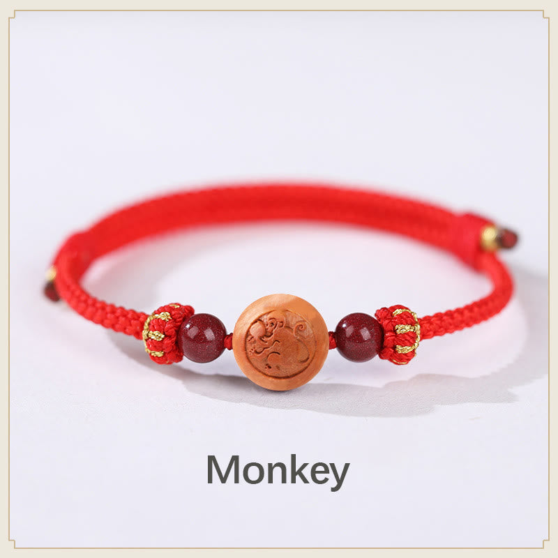 Buddha Stones Natural Peach Wood Chinese Zodiac Fu Character Carved Cinnabar Wealth Bracelet Bracelet BS Monkey-Red(Wrist Circumference 14-22cm)