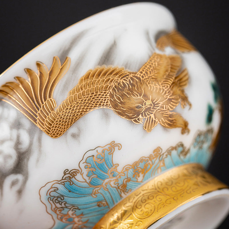 Buddha Stones Golden Eagle Auspicious Dragon Sun Ocean Waves Gilt Ceramic Teacup Kung Fu Tea Cup Cup BS 4