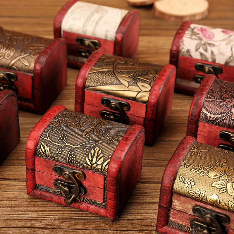 Buddha Stones Retro Small Wood Jewelry Box Lotus Golden Grape Copper Coin Daffodil Grass Flower Jewelry Storage Box Jewelry Box BS 1