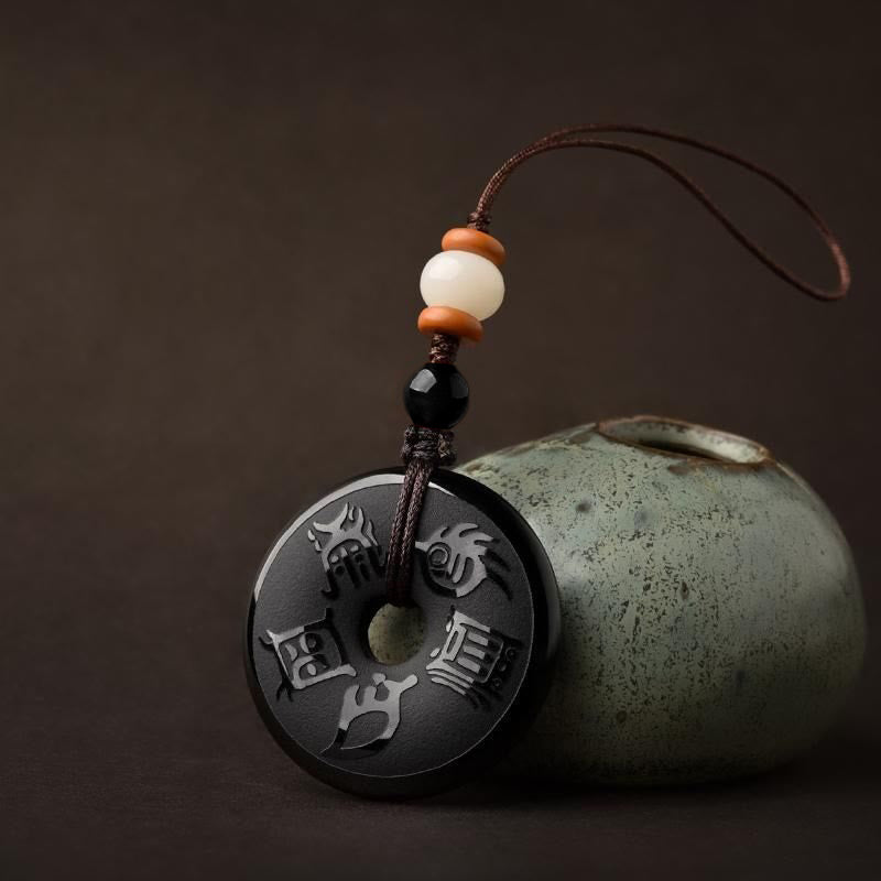 Buddha Stones Black Obsidian Taoism Five Sacred Mountains Carved Strength Peace Buckle Necklace Pendant Key Chain Phone Hanging Decoration Necklaces & Pendants BS Phone Hanging Decoration