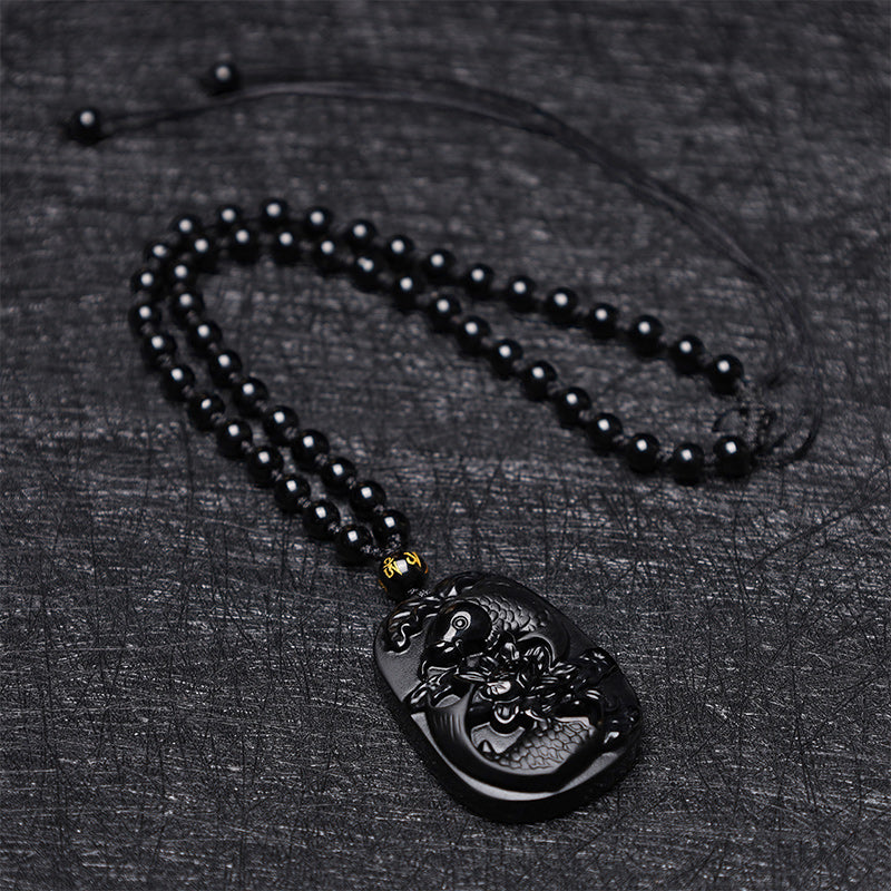 Buddha Stones Natural Black Obsidian Koi Fish Lotus Strength Beaded Necklace Pendant Necklaces & Pendants BS 6