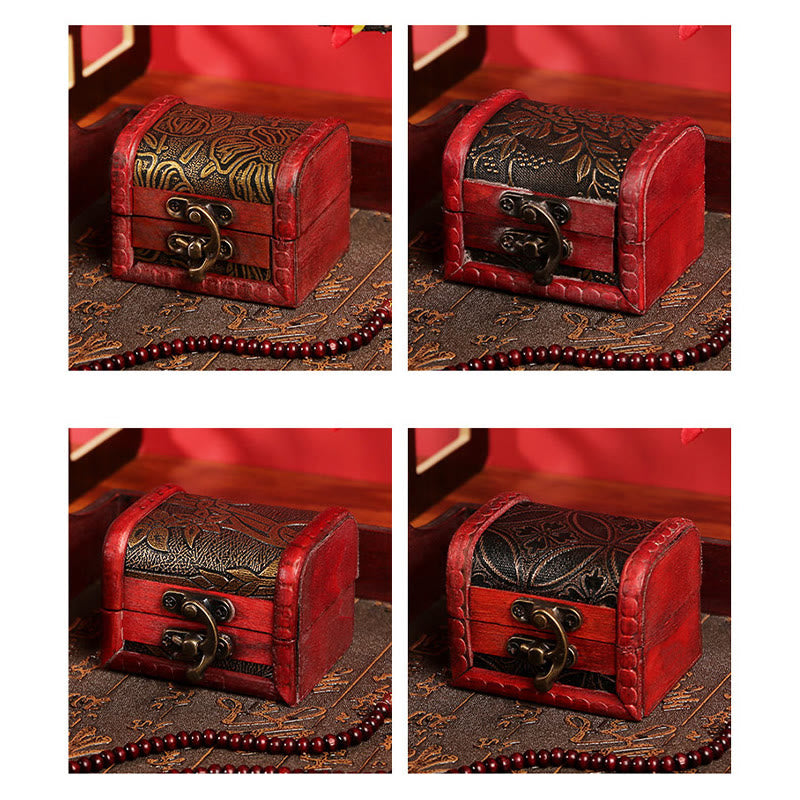 Buddha Stones Retro Small Wood Jewelry Box Lotus Golden Grape Copper Coin Daffodil Grass Flower Jewelry Storage Box Jewelry Box BS 13