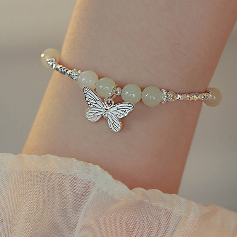 Buddha Stones 925 Sterling Silver Natural Hetian Jade Luck Butterfly Charm Bracelet Bracelet BS 5