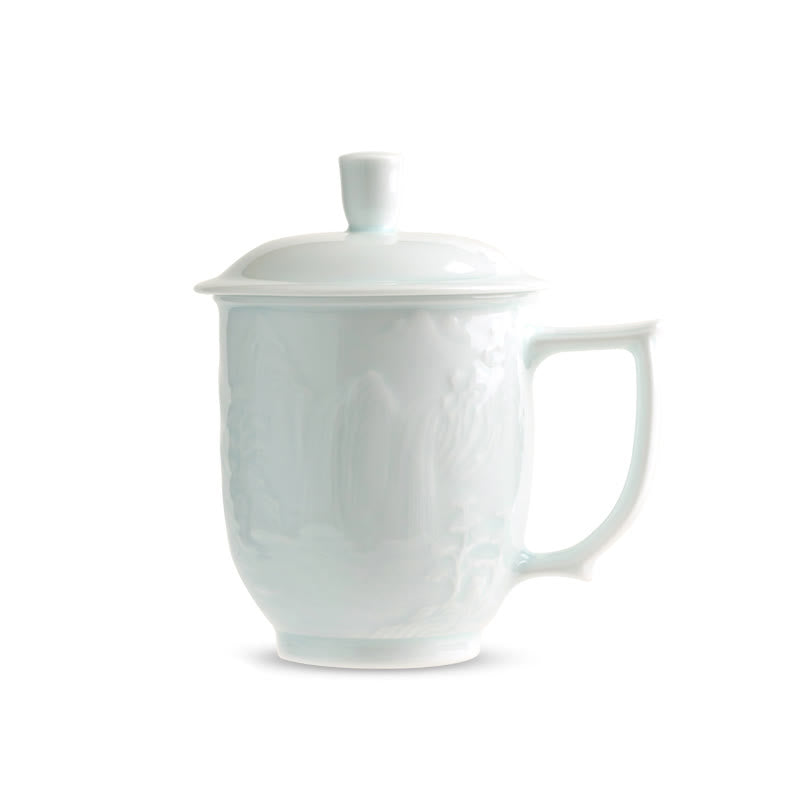 Buddha Stones Jingdezhen White Porcelain Handmade Great Wall Landscape Engraved Ceramic Teacup Office Mug Tea Cups Cup BS 16
