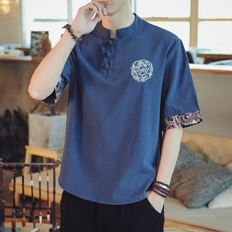Buddha Stones Frog-Button Dragon Embroidery Chinese Tang Suit Short Sleeve Shirt Linen Men Clothing Men's Shirts BS 36