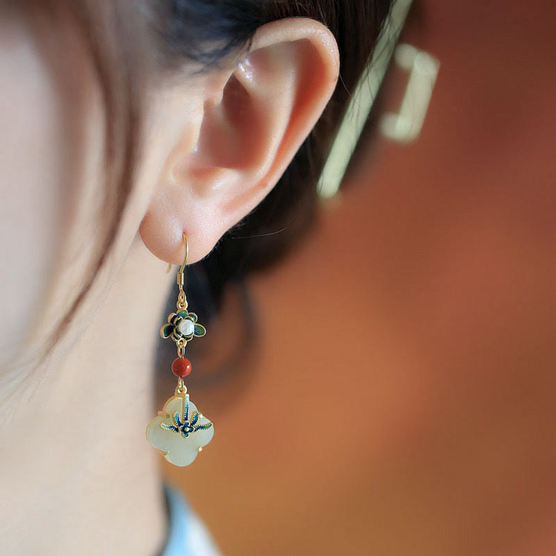 Buddha Stones Lucky Four Leaf Clover Jade Abundance Copper Earrings Earrings BS 2