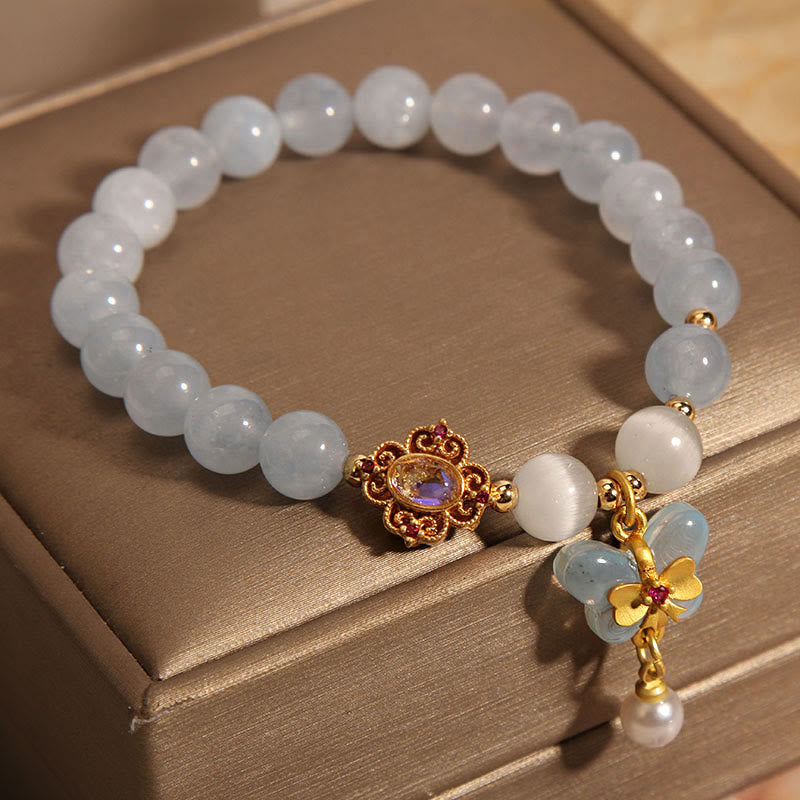 Buddha Stones Aquamarine Cat's Eye Healing Butterfly Pearl Charm Bracelet Bracelet BS 1