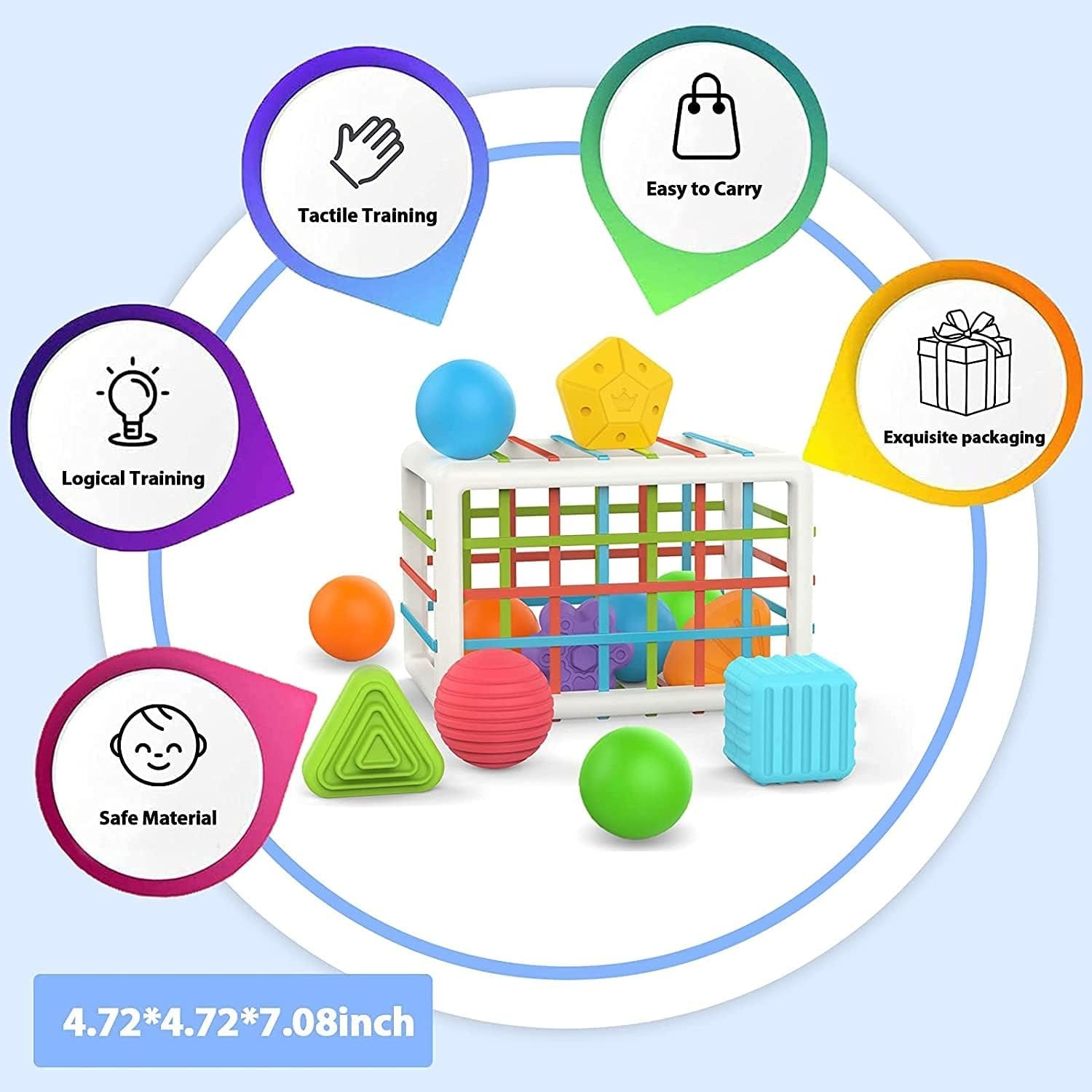 Fidtoy Shape Sorting Baby Box Sensory Play for 12+ Months, Plastic Montessori Shape Sorter Cube with 6 Textured Blocks, 3 Balls, Elastic Band Activity and Fine Motor Sensory Learning Toy