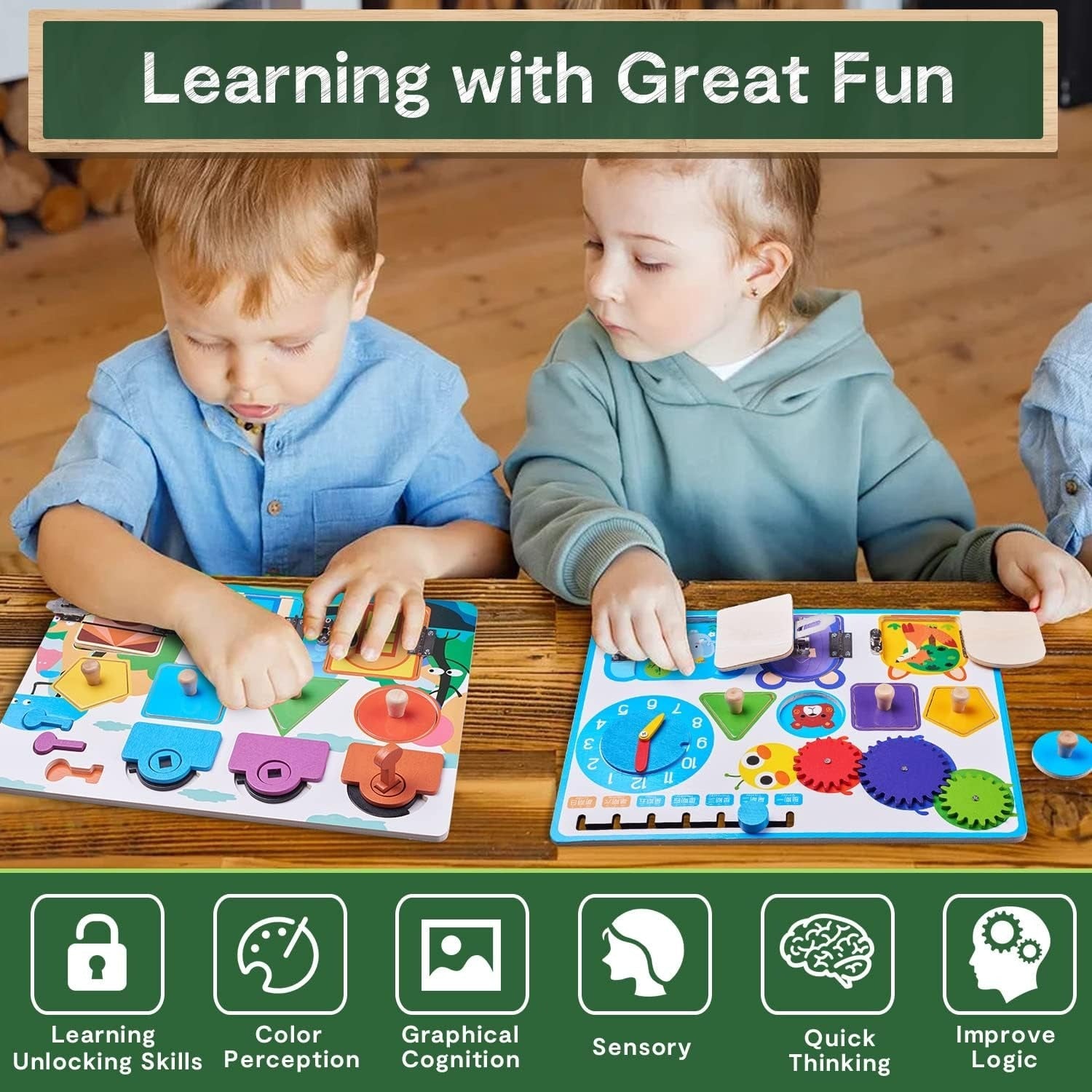 Fidtoy Wooden Shape Sensory Activity Busy Board Montessori Fine Motor Learning Toy for Kids Ages 2 to 6
