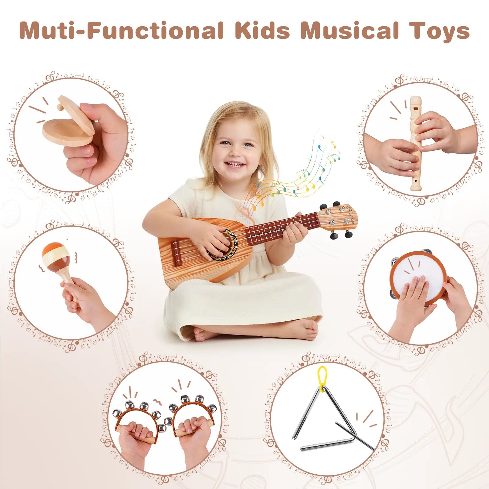 Fidtoy 7-Piece Musical Toys for Toddlers Ukulele Instrument Set Kids Rhythm Learning Toys
