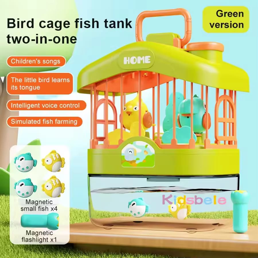 Fidtoy 2in1 Fun Talking Bird Cage and Magnetic Fish Plastic Talking Bird Cage Aquarium Toy with Voice Sensing, Music, Lights and Magnetic Fish Game Ages 2+