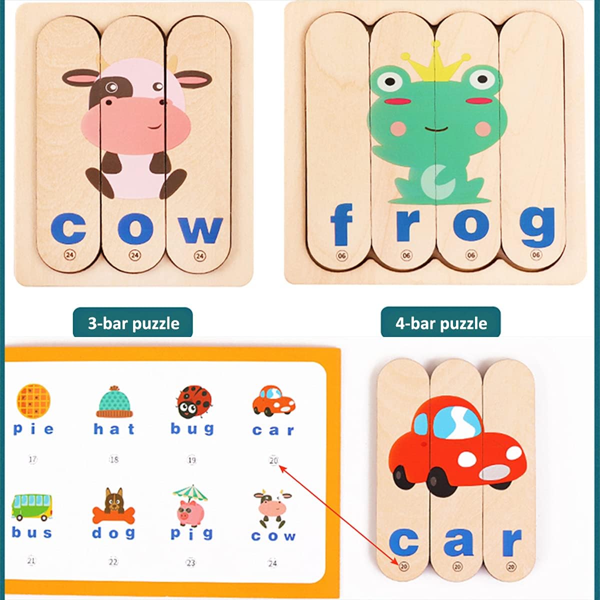 Fidtoy Wooden Spelling Learning Stick Puzzle Alphabet Word Matching Game for Kids Ages 2 to 6