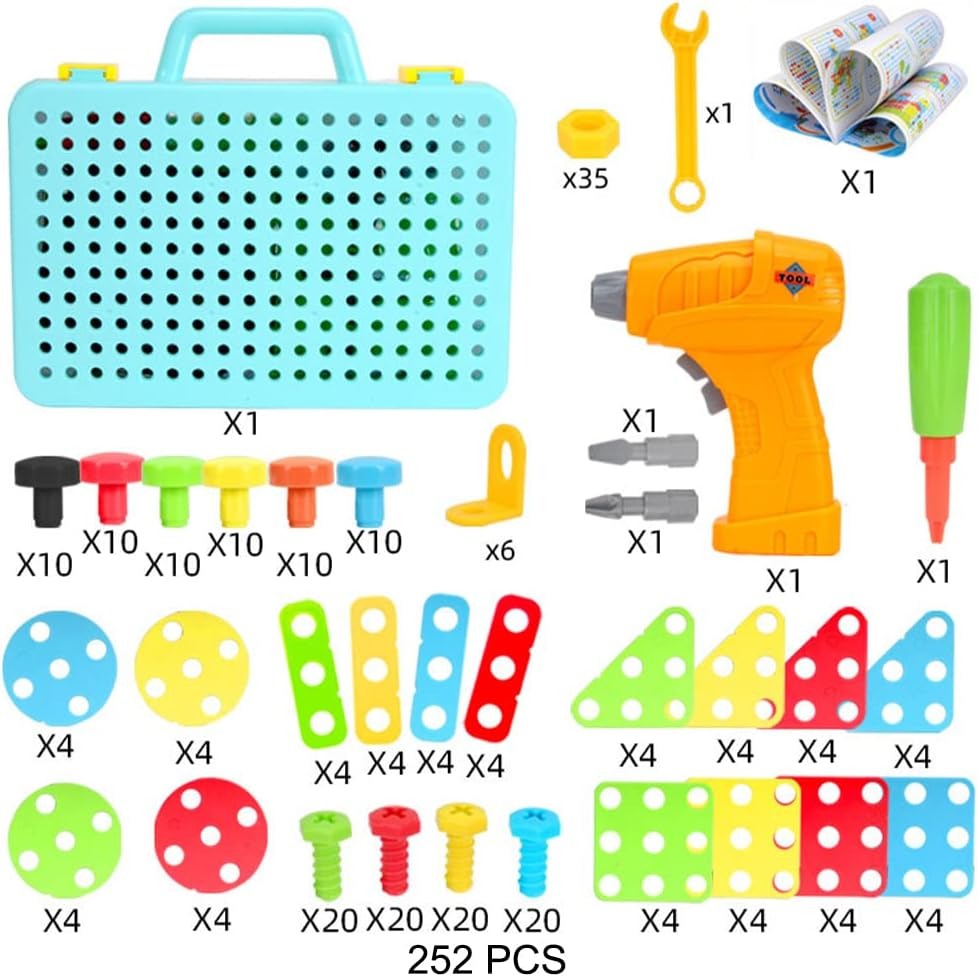 Fidtoy Coffret de jeu créatif de mosaïque à visser avec perceuse électrique pour enfants, 252 pièces, jouet de construction STEM avec perceuse électrique et vis colorées, 4-8 ans