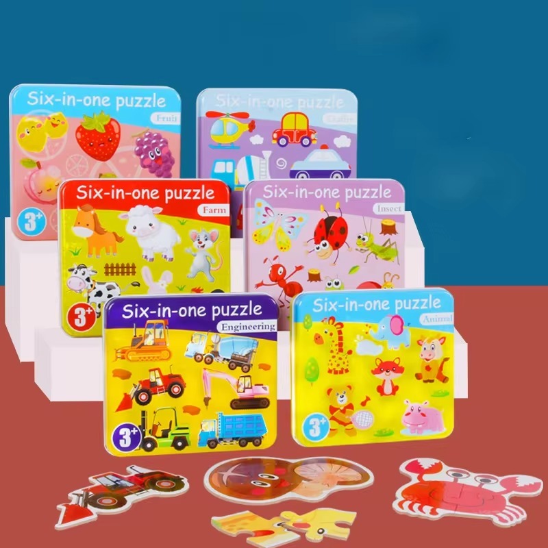 Fidtoy 6-in-1 Jigsaw Puzzle with Number Transport Tin Box for Kids, Transport Theme Number Recognition Puzzle Set, Progressive Toddler Learning Puzzle Age 2–6