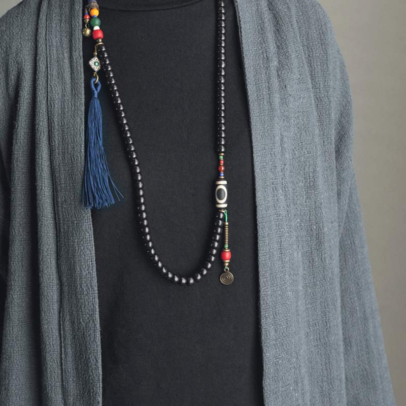 Buddha Stones 108 Beads Mala Ebony Wood Dzi Bead Copper Balance Tassel Bracelet - image 6