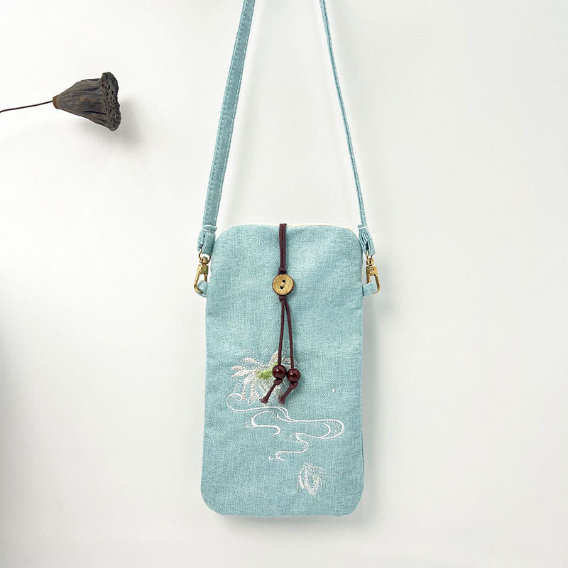 Buddha Stones Small Embroidered Flowers Crossbody Bag Shoulder Bag Cellphone Bag 11*20cm Crossbody Bag BS Light Green Lotus 11*20cm