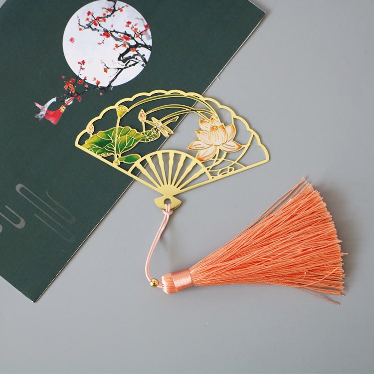 Buddha Stones Traditional Butterfly Lotus Flower Crane Dragon Phoenix Fox Koi Fish New Beginning Metal Brass Hollow Fan Bookmarks Bookmarks BS Lotus Flower Leaf