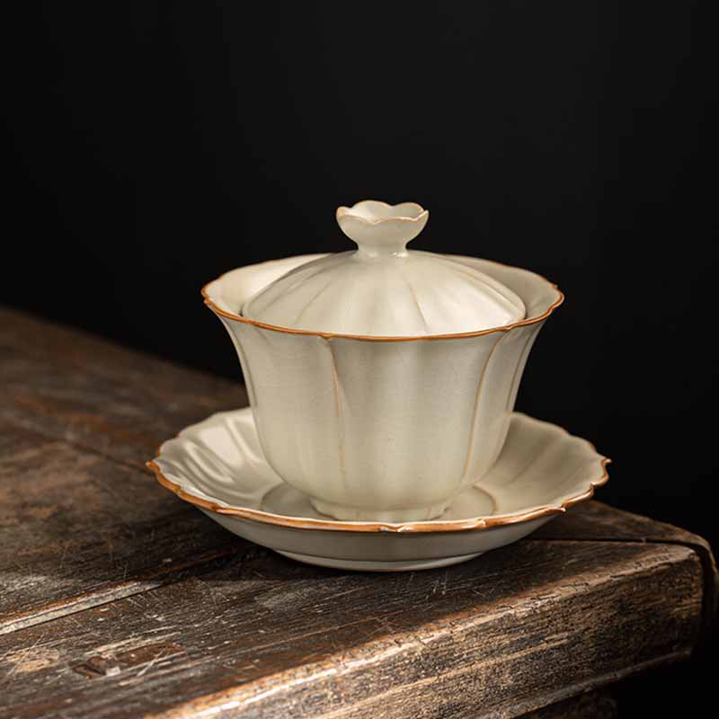 Buddha Stones Beige Plum Blossom Shape Peach Branch Ceramic Gaiwan Sancai Teacup Kung Fu Tea Cup With Lid Cup BS 4