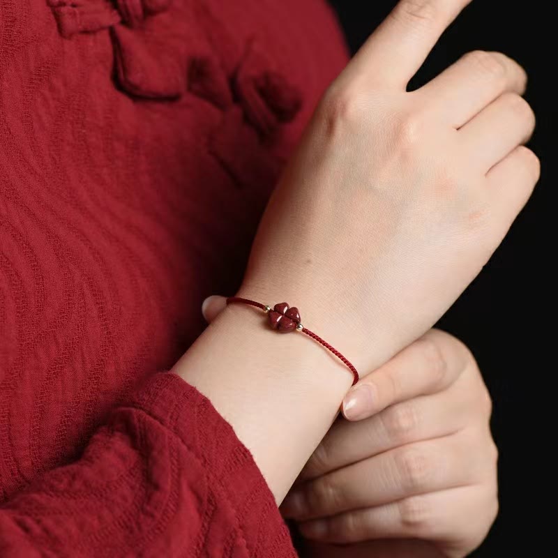 Buddha Stones Natural Cinnabar Four Leaf Clover Blessing Red String Bracelet Anklet Bracelet BS Dark Red Bracelet(Wrist Circumference 15-17cm) Without Golden Bead