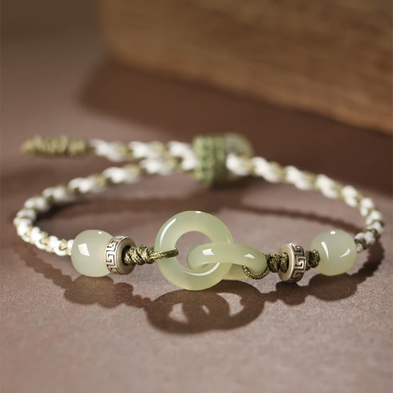 Buddha Stones Natural Hetian Jade Peace Buckle Luck Braided Bracelet Bracelet BS 1