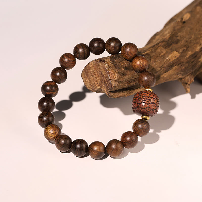 Buddha Stones Rosewood Auspicious Clouds Totem Fu Character Bamboo Pattern Warmth Bracelet Bracelet BS 1