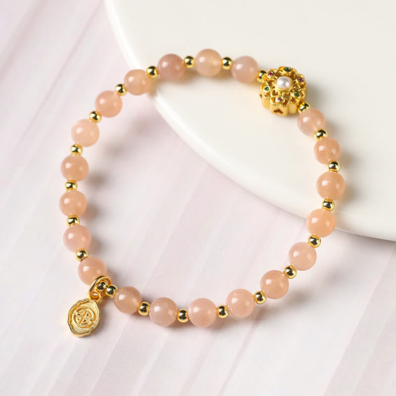 Buddha Stones 14K Gold Plated Natural Strawberry Quartz Labradorite Sun Stone Fu Character Positive Charm Bracelet Bracelet BS 13