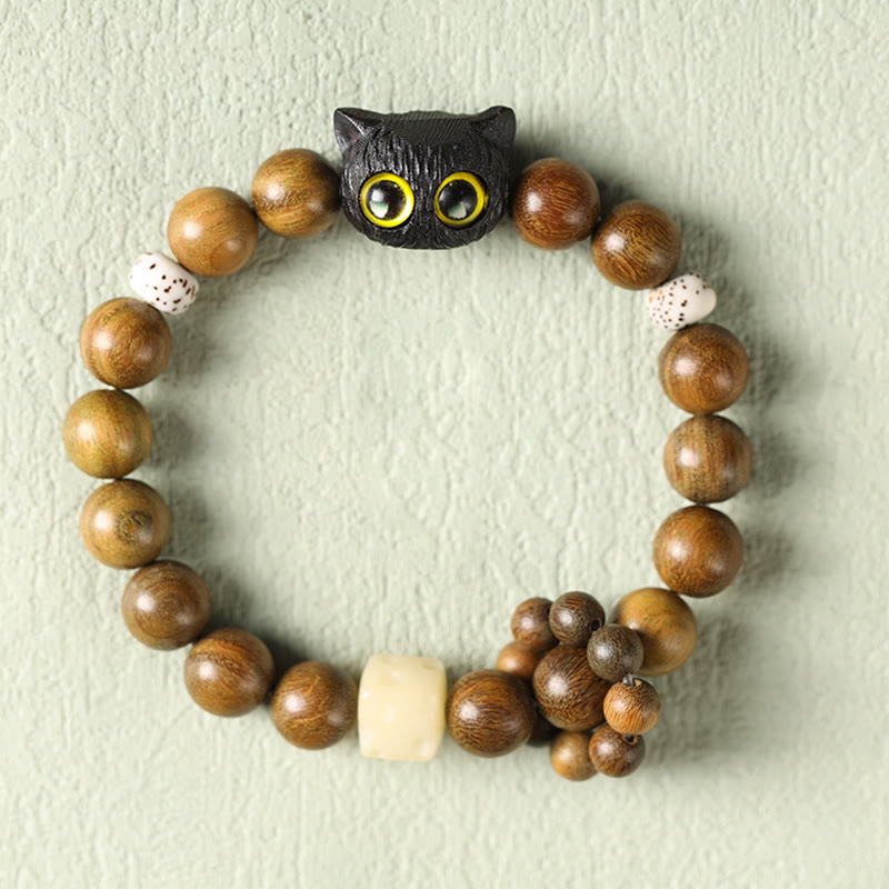 Buddha Stones Green Sandalwood Ebony Wood Cat Peace Soothing Bracelet Bracelet BS 1