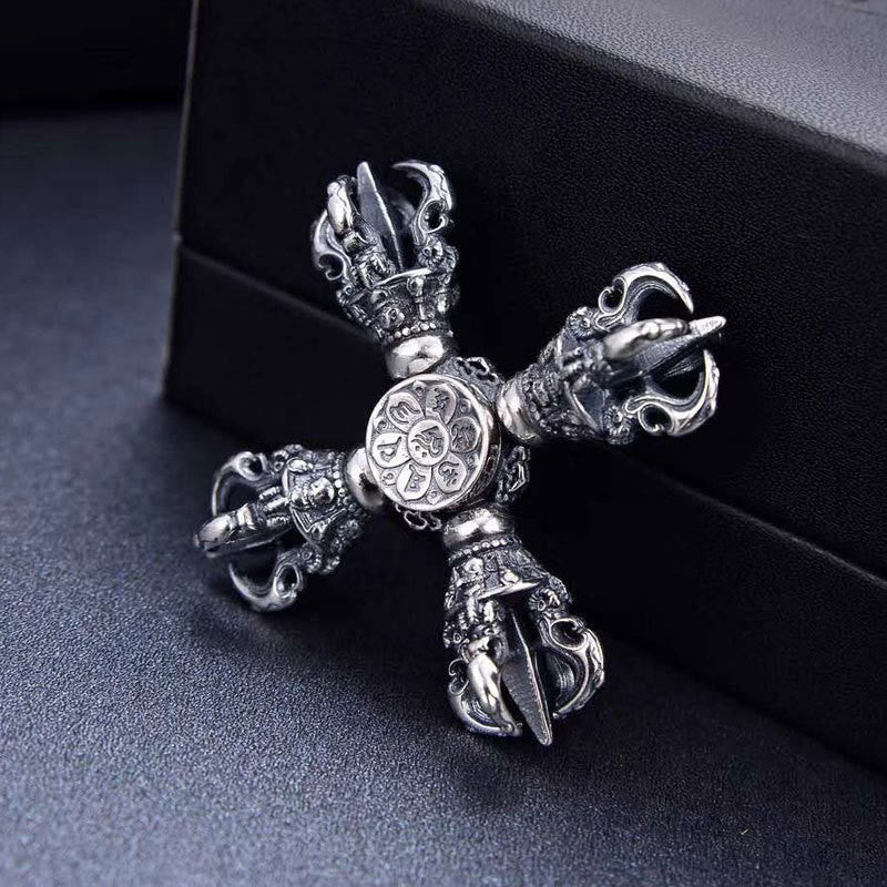 Buddha Stones Tibetan 925 Sterling Silver Double Dorje Vajra Engraved Spiritual Power Pendant Double Dorje BS 5