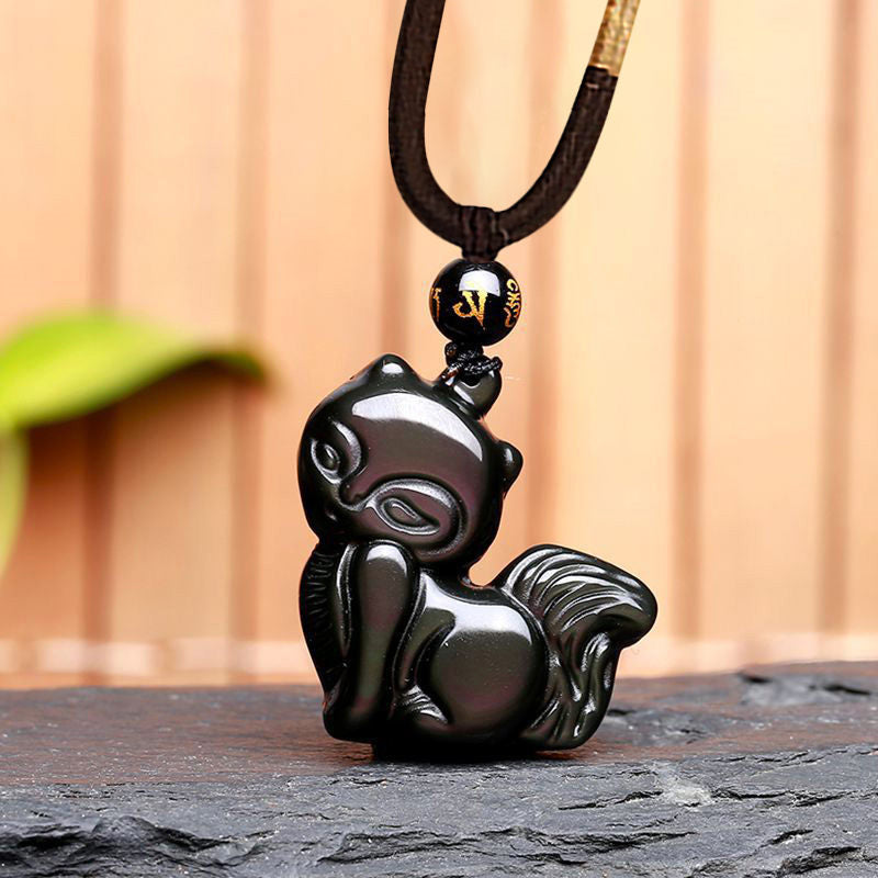 Buddha Stones Natural Rainbow Obsidian Gold Sheen Obsidian Nine Tailed Fox Positive Necklace Pendant - Rainbow Obsidian Small Fox - image 12