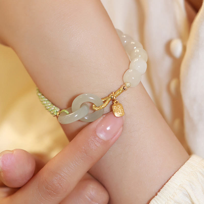 Buddha Stones Natural Hetian Jade Bead Double Peace Buckle Fu Character Abundance Braided Bracelet Bracelet BS 4